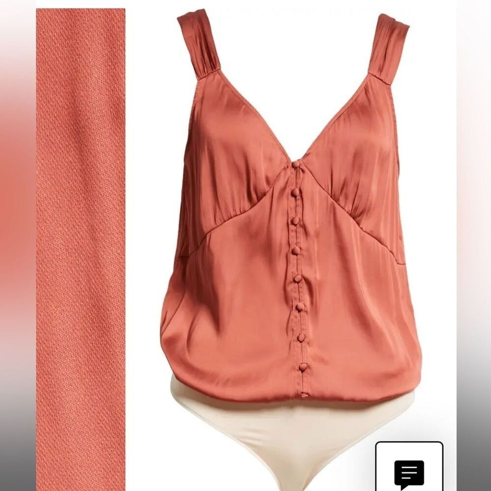 NWOT Paige Kessley Muted Clay Satin V-Neck Button Front Thong Bodysuit Size Med - Picture 11 of 16